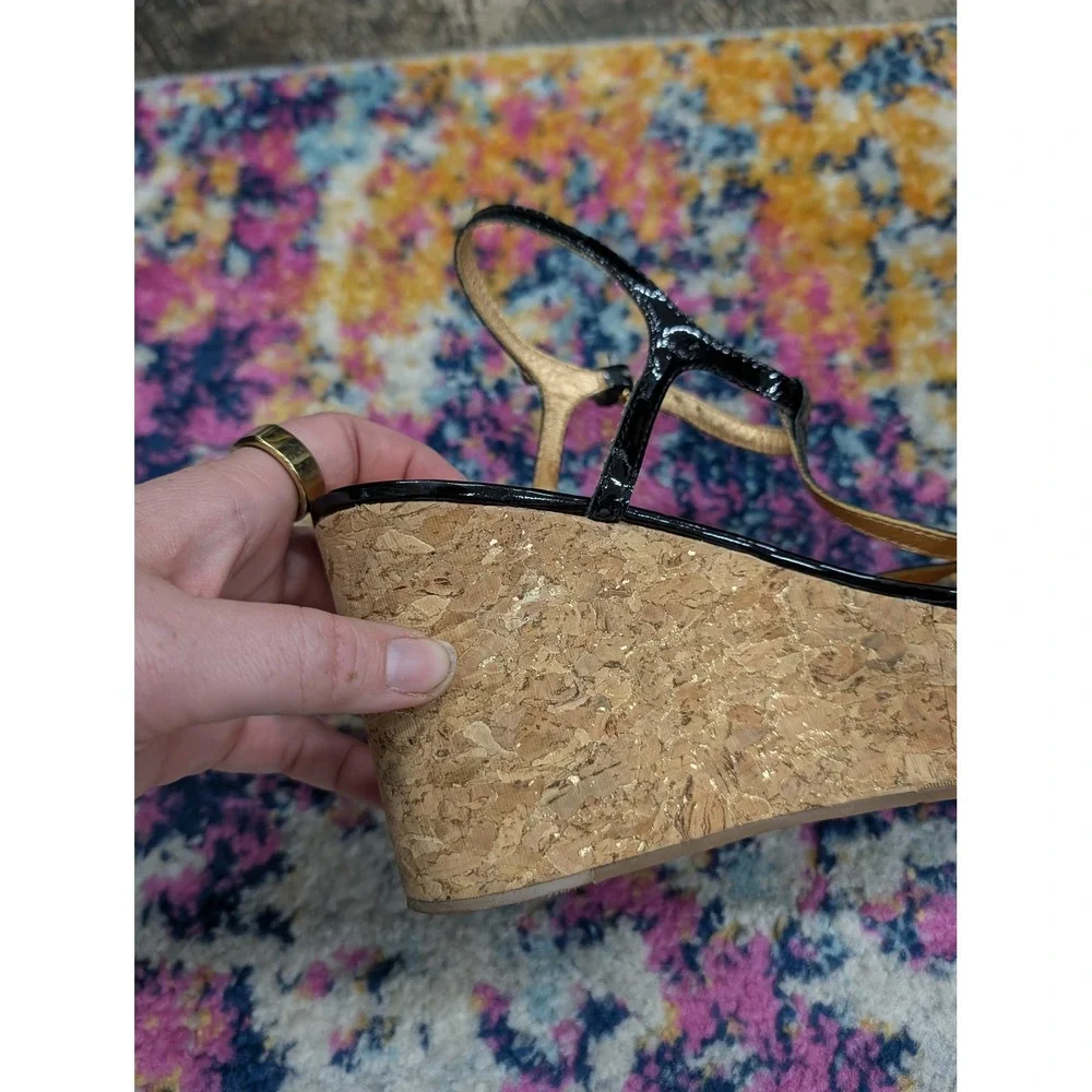 Kate Spade Theodora Black Patent Leather Cork Wedge‎ T-Strap Sandals- Size 10